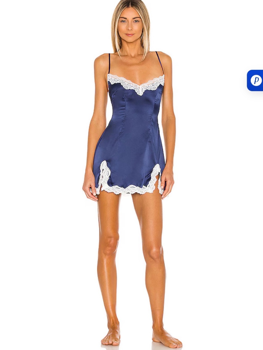 Lovers + Friends Navy Satin Slip with White Lace Trim
